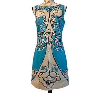 TRINA TURK shift dress, sz 6,sleeveless, turquoise with black design.All cotton